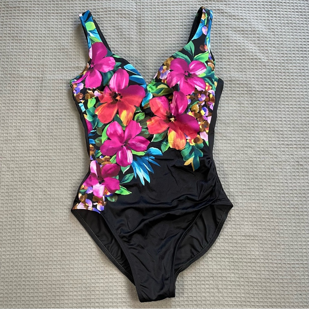 Miraclesuit One Piece Swimsuit 12 Womens Black Floral Underwire Slimming